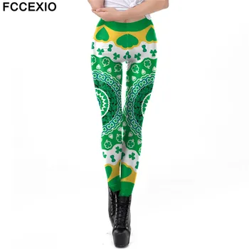 

FCCEXIO Green Lucky Clover Leggings Women Patrick's Day Workout Fitness Leggins 3D Printed Plus Size Legging Mujer New Trousers
