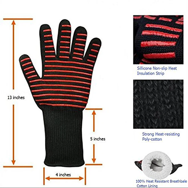 BBQ Gloves For High Temperature Resistance Oven Mitts 500-800 Degrees Fireproof Barbecue Heat Insulation Microwave Oven