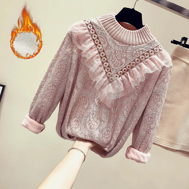 

MUMUZI Women winter warm lace Blouse Full Sleeve Lace Crochet hollow out Blusas Ruffle Blouse spring long sleeve fleece blouses