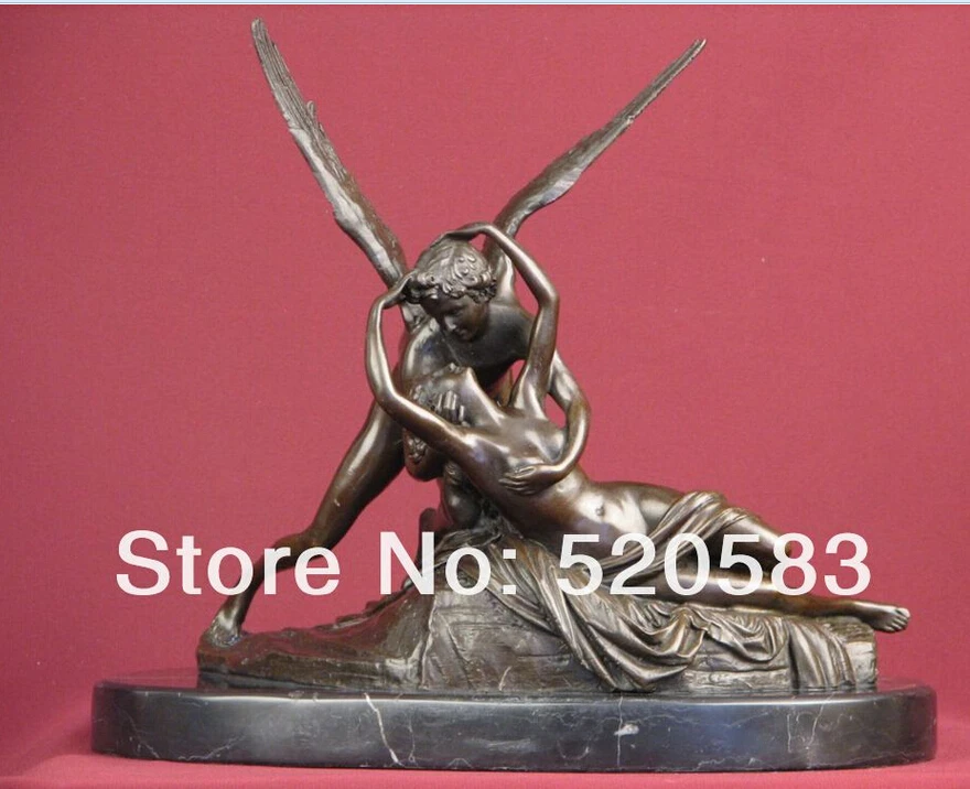 

SIGNED BRONZE STATUE CUPID PSYCHE MYTHOLOGY SCULPTURE ON MARBLE BASE
