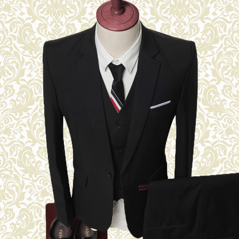 Комплект из 3 предметов: пиджак+ жилет+ брюки) мужской свадебный костюм, мужские блейзеры, приталенные костюмы для мужчин, деловой вечерний классический-6XL - Цвет: Черный