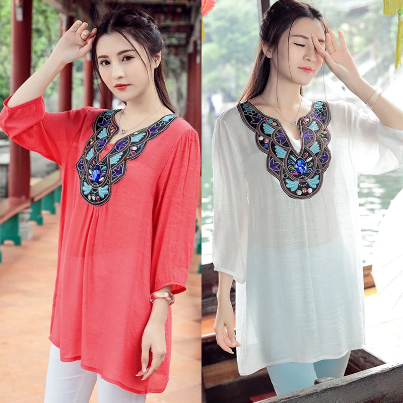 

New 2019 Women Summer Style Blouses Embroidery Shirt Vestidos Flowers Beading De Festa Maxi Loose Half Sleeve Casual Clothing