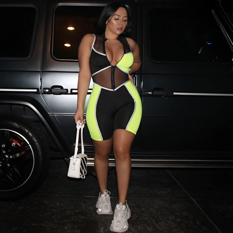 

Sexy Mesh JUMPSUIT Neon Patchwork Rompers Sleeveless Short Playsuit Night Club Outfit Block Color Combishort Bodysuits Plus Size