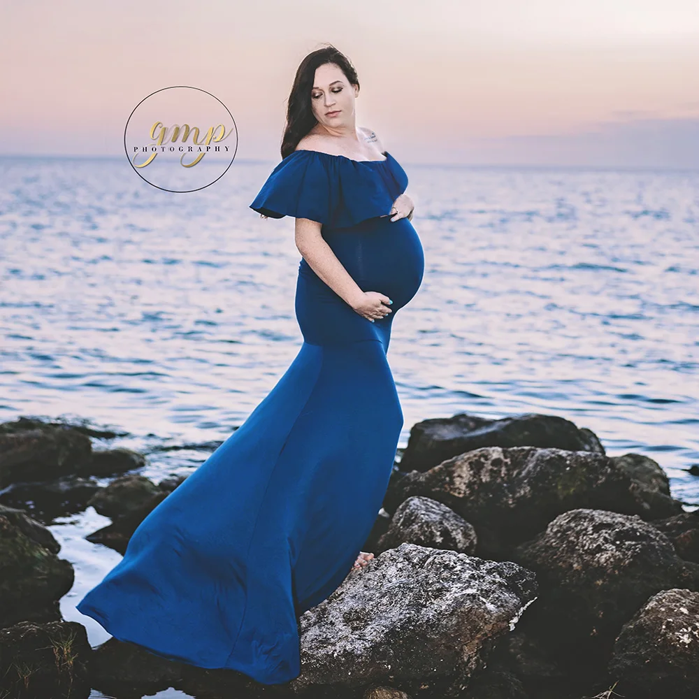 Fora do Ombro Vestido de Maternidade Fotografia para Sessão de Fotos do Vestido Colarinho Plissado Adereços Fotografia Gravidez Grávida Vestido Maxi d & j 14 Mamãe e Bebê