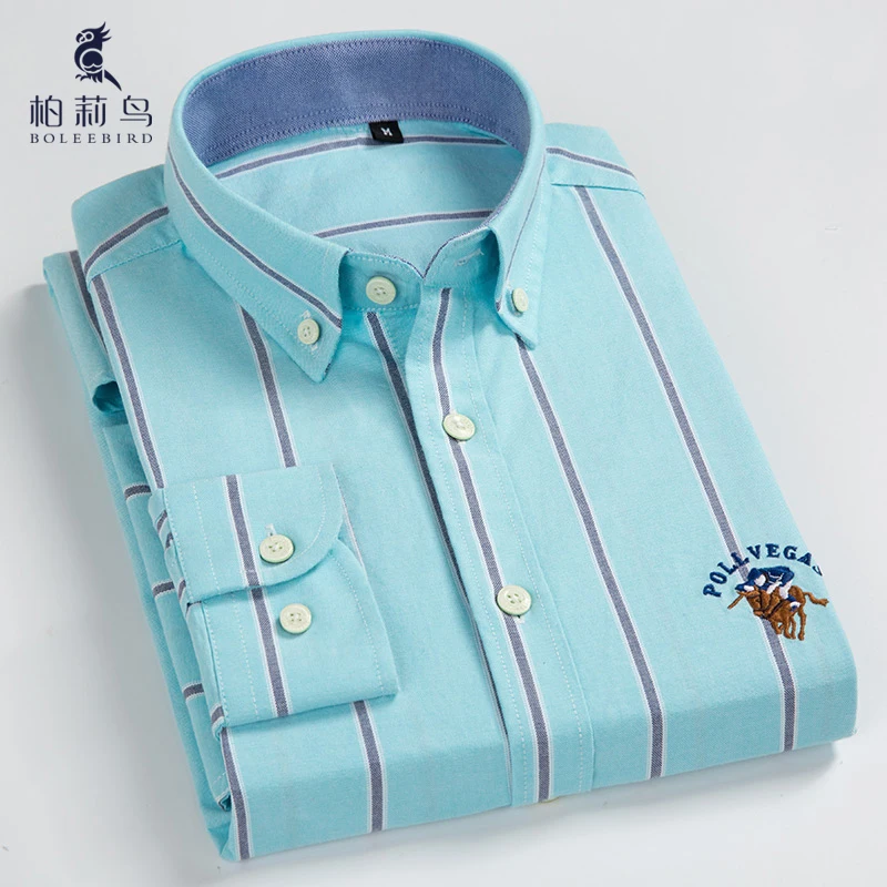 Meilleur Hommes Non Fer Bouton Vers Le Bas Col Chemise Oxford avec Logo Broderie Smart Casual Slim fit Coton À Manches Longues rayé Robe Chemises