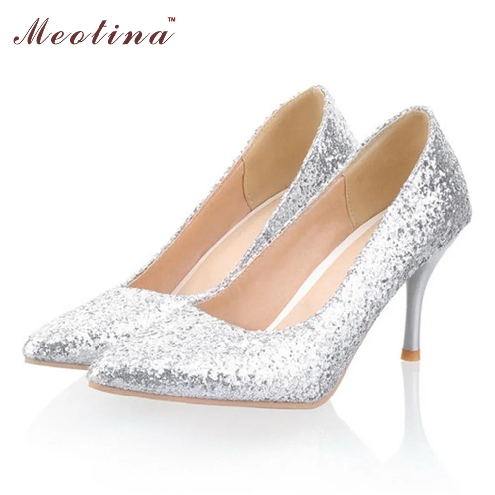 Online Get White Gold Cloth Aliexpress Alibaba Group Meotina Shoes Women Pointed Toe High Heels Glitter Pumps Thin White Wedding Bridal Sliver