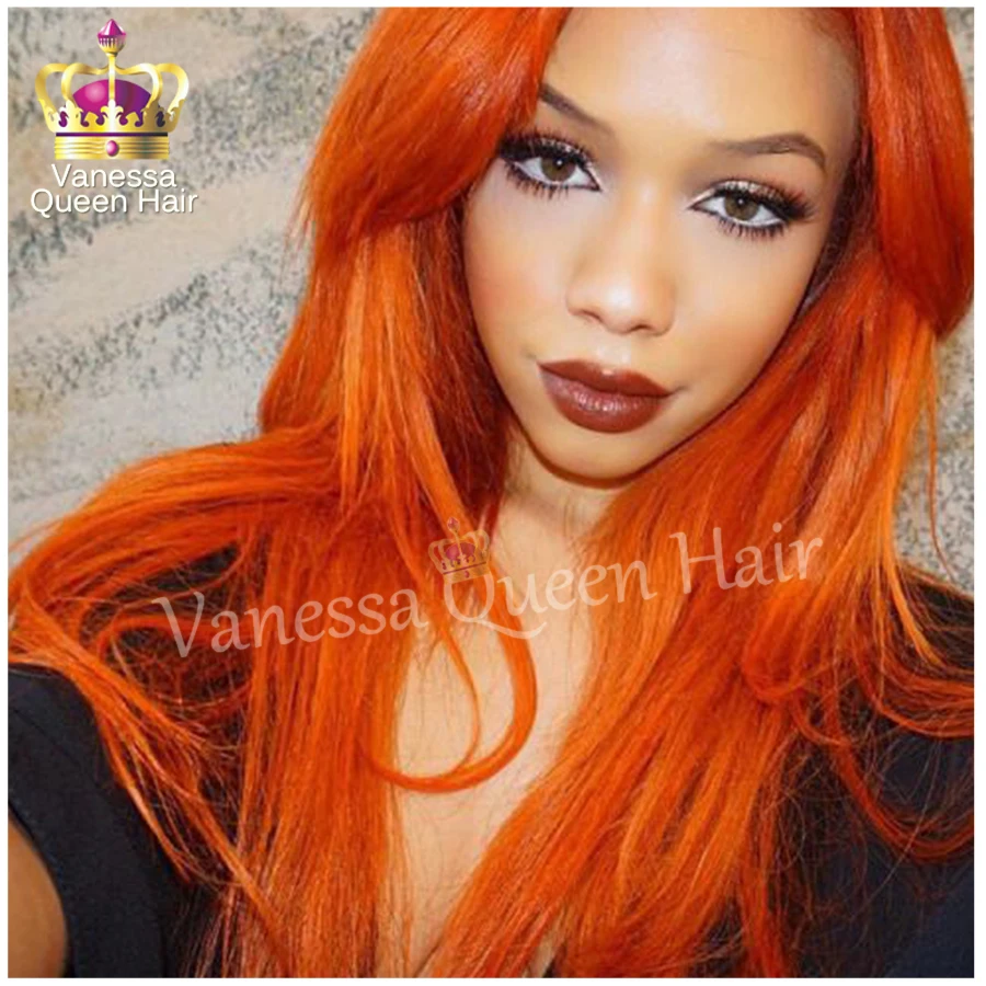 Orange wig natural straight hair wig with bangs synthetic lace front