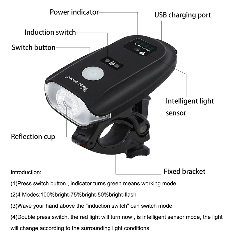 WEST BIKING 350 Lumen Intelligent Bicycle Light Hand Smart Induction Bicycle Flashlight Waterproof Bike Headlight Bike Lamps