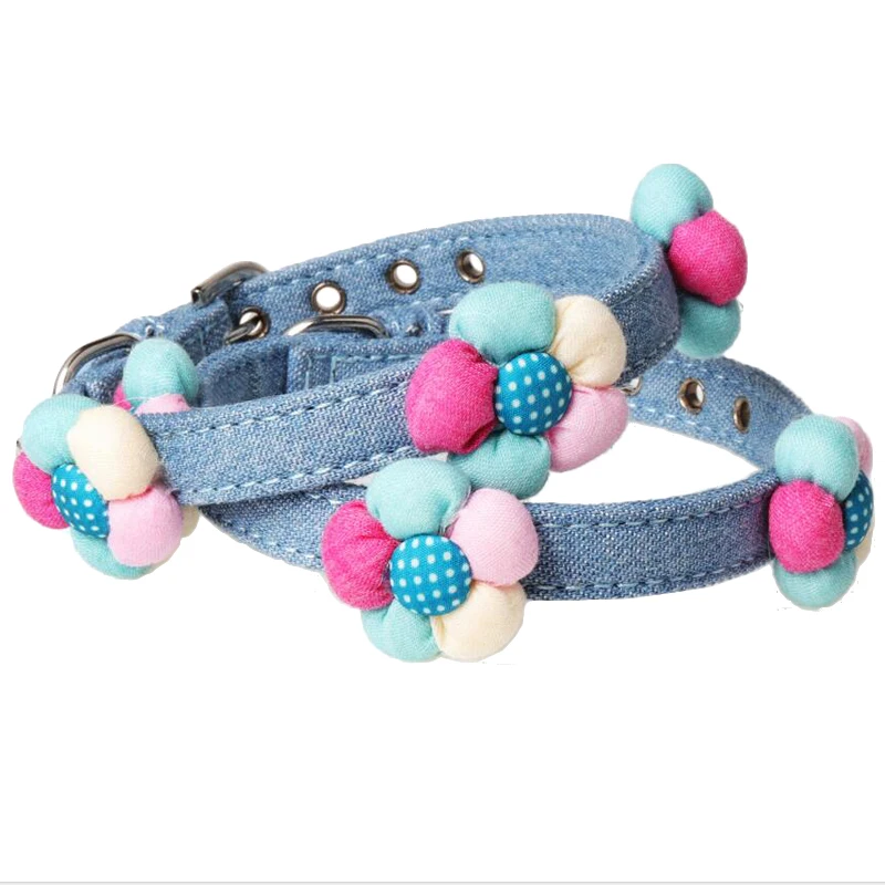 High Quality Dog Collar With Colorful Flowers Stylish Design Cat Solid Jean Cloth Adjustable