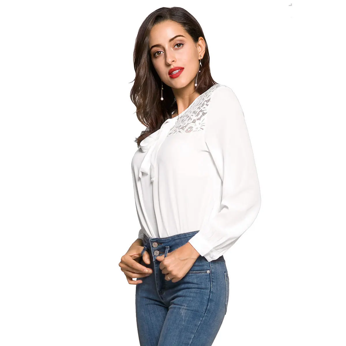 VITIANA Women OL Office Casual Chiffon Blouse Shirt Female 2018 Summer White Long Sleeve Lace Patchwork Elegant Streetwear Tops Blouses