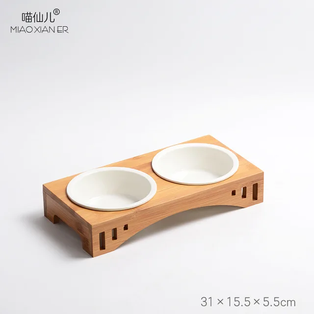 Dog Bowl Bamboo Holder Cat Feeder Ceramic Dog Double Bowls Stainless Steel Puppy Feeder Detachable Pet Bowl 4