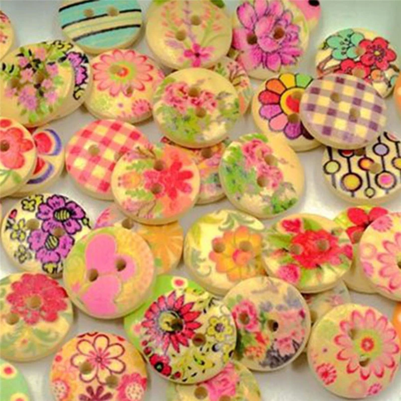 100pcs 2 Holes Wood Buttons Craft Handmake Scrapbooking Sewing Clothing Accessories 15mm Flower Painted Buttons Sewing Crafts (3)