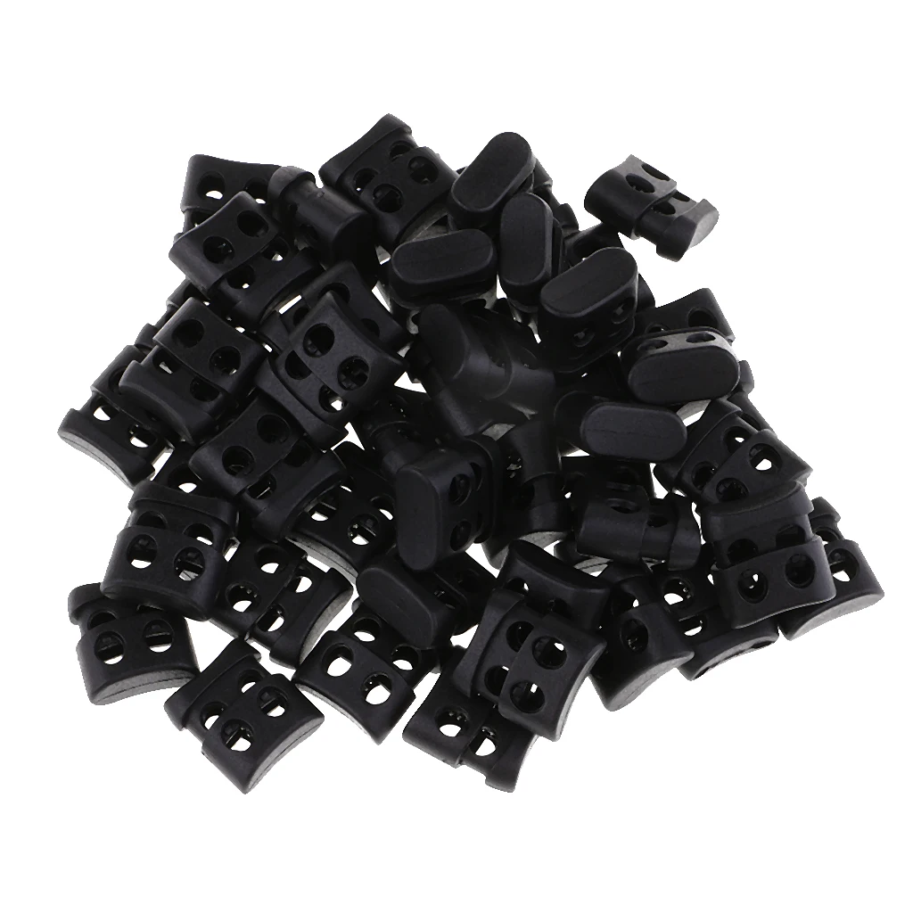 fityle 50pcs Black Plastic Non-slip Double Hole String Cord Locks for Shoelace Bags Pants Hole Diameter 4mm