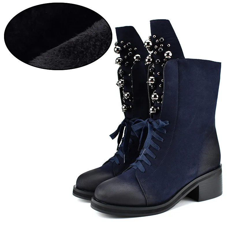 Stylesowner/модные брендовые зимние сапоги до середины икры; женские зимние сапоги с круглым носком на высоком квадратном каблуке; Теплая обувь со шнуровкой и бусинами - Цвет: Blue