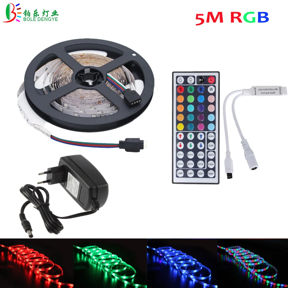 Боле dengye 5 M RGB Светодиодные ленты Комплект Водонепроницаемый 2835 IP20 Fita Диодная лента 44-клавишным ИК Удаленный rgb-контроллер DC12V 2A адаптер ЕС и США