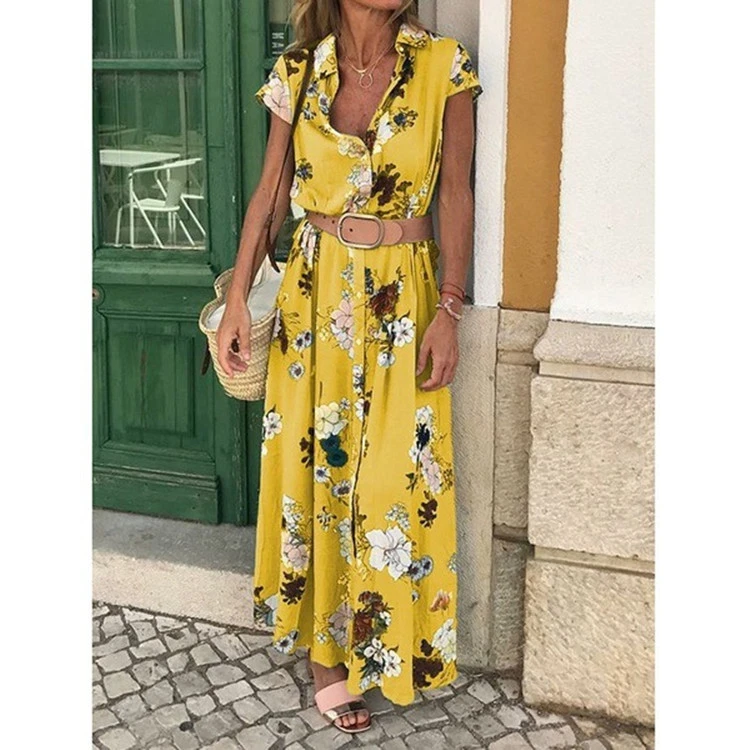 Vestido camisero de manga corta con estampado de túnica de verano casual para mujer Amarillo Vestido camisero de manga corta con estampado de túnica de verano casual para mujer Amarillo
