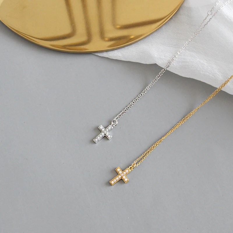 F.I.N.S, S925 Стерлинговое Серебро, маленький крест, имитация жемчуга, короткие ожерелья на ключицы, подвески для женщин, 925 серебро, хорошее ювелирное изделие
