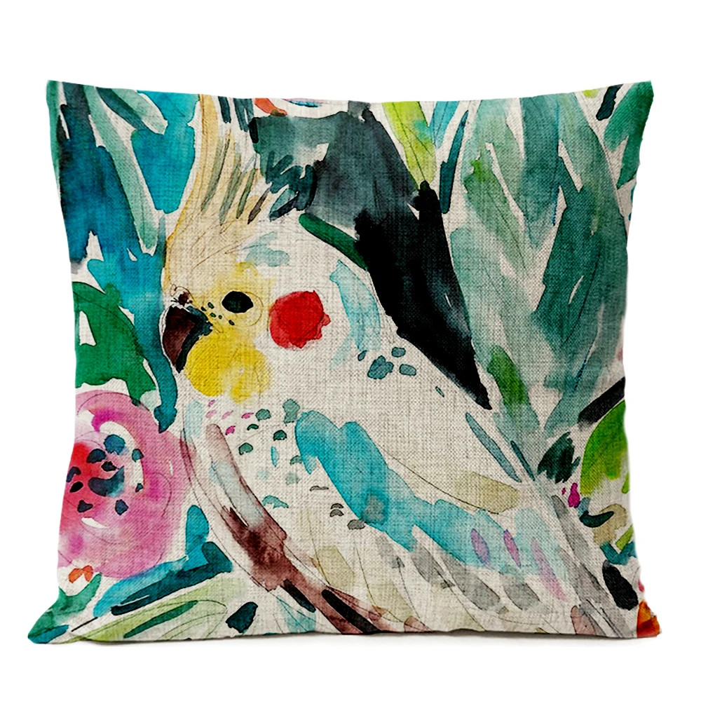 Home Decorative Throw Pillow Nordic Watercolor Floral Bird Pillow Cover Red Flower Cushion Cover sofa Linen Pillowcase