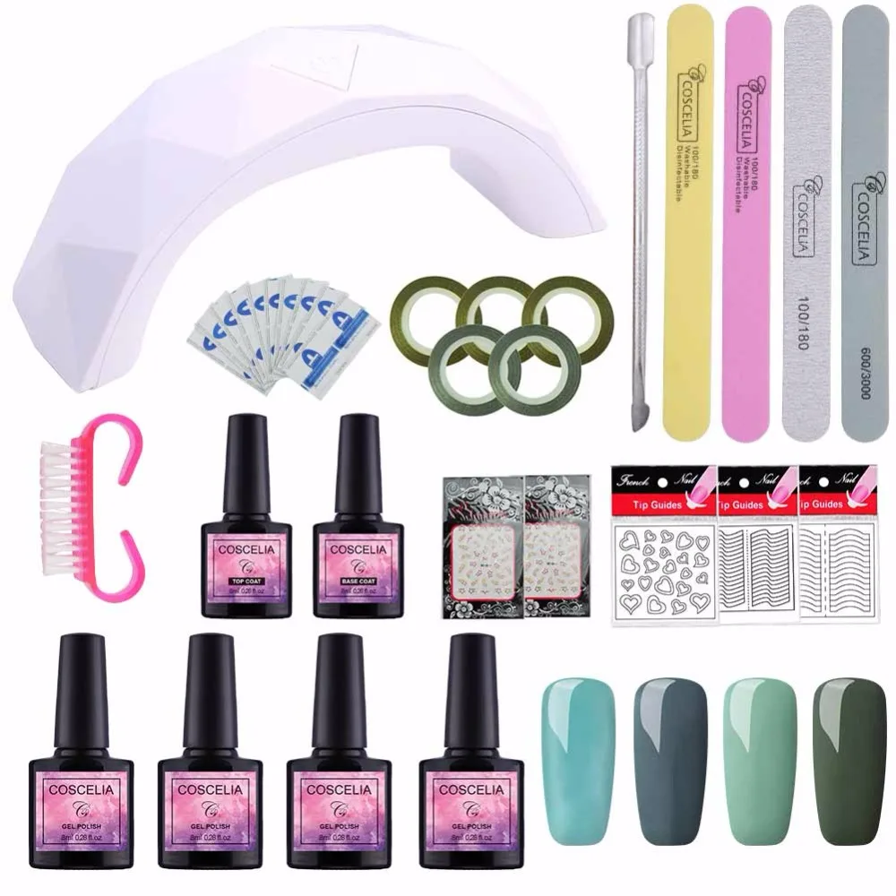 COSCELIA Nail Art Kit 4pcs Gel Nail Polish Lacquer Set 9W LED White