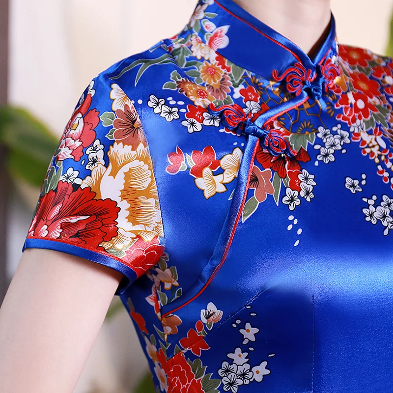 Новое поступление синий китайский женский Шелковый rayou Холтер Cheongsam Мини Qipao платье Peafowl Размер s m l xl XXL D0027