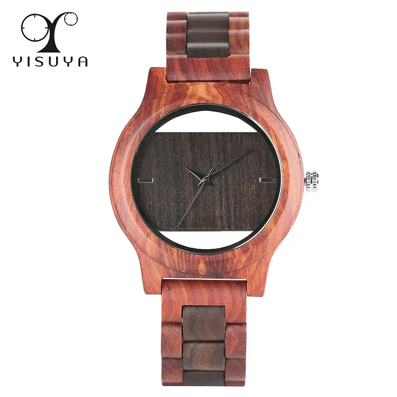 

Men Wooden Wrist Watch Unique Hollow Dial Design Bracelet Clasp Bangle with Wooden Strap Quartz Movement Trendy Gifts Watches