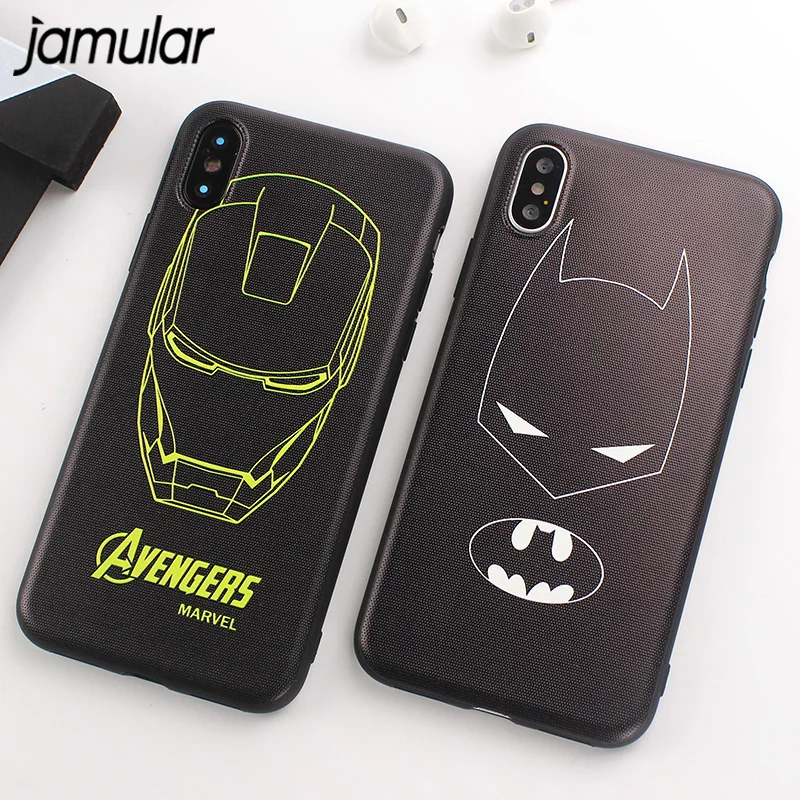 

JAMULAR Black Soft TPU Batman Phone Case For iPhone X 7 8 Plus 5S SE iron Man Back Cover For iPhone 6 6S 7 8 Plus Cartoon Shell