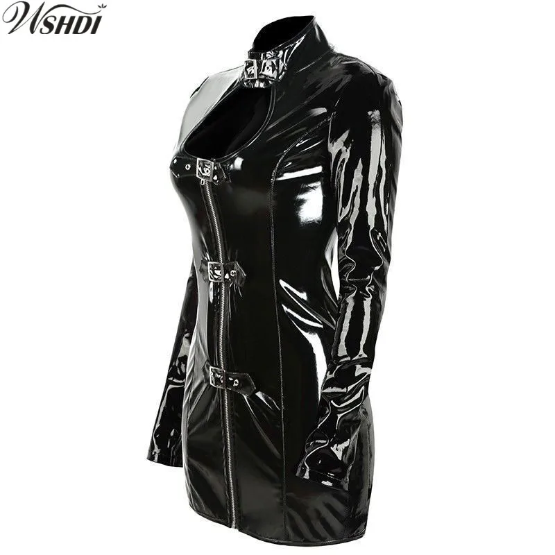 

S-XXL Fashion Women PVC Latex Buckle Dress Keyhole Bust Zipper Black Sexy Faux Leather Sexy Long-Sleeved Vinyl Club Mini Dress