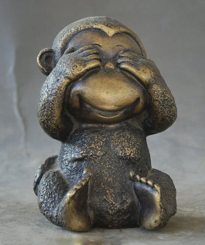 

Folk China Fengshui animal Bronze copper Zodiac Monkey Closed eyes Lucky Statue