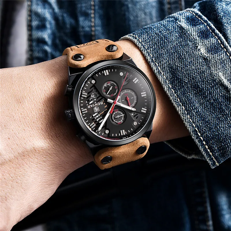 BENYAR Mens Watches Top Brand Luxury Quartz Watch Men Clock Leather Military Waterproof Sport Watch