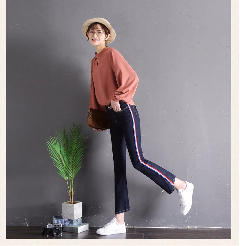 Nonis New Arrival Side ribbons ankle length jeans Women elastic Slim Straight flare pant Female streetwear capri Plus size