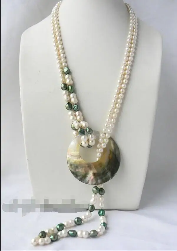 

jewerly free shipping 2Strands 30'' White Round Green Baroque Freshwater Pearl Shell Pendant Nacklace