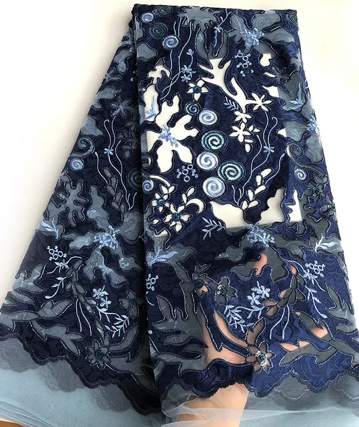 Navy blue Светло-серый handcut французское Африканское кружево Тюль кружевная ткань с блестками только высокое качество 5 ярдов - Цвет: Navy blue