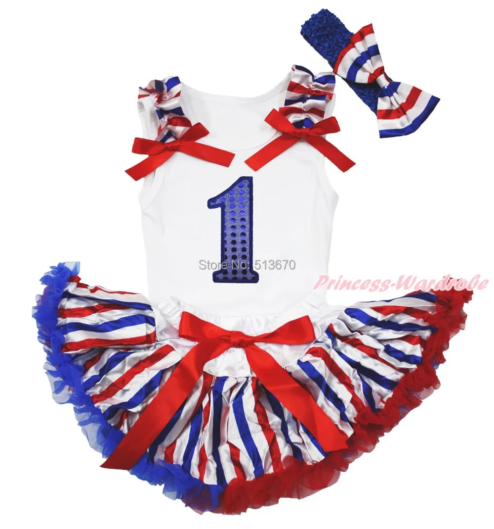 

4th July 1ST Birthday White Top Red White Blue Stripe Newborn Baby Skirt 3-12M MAPSA0454