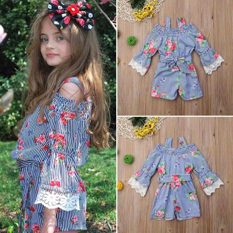 

Kids Baby Girls clothes three quarters sleeve Flower print Striped Lace Romper off shoulder strap bow cotton Jumpsuit one pieces