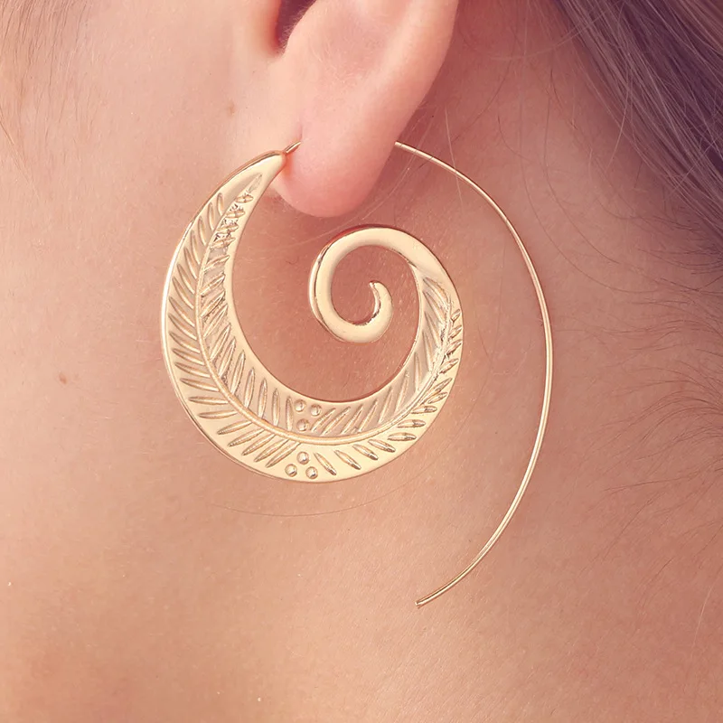 

Bohemian Vintage Tribal Swirl Spiral Hoop Earrings For Women 2019 Fashion Statement Gold Color Geometric Earrings O3E774