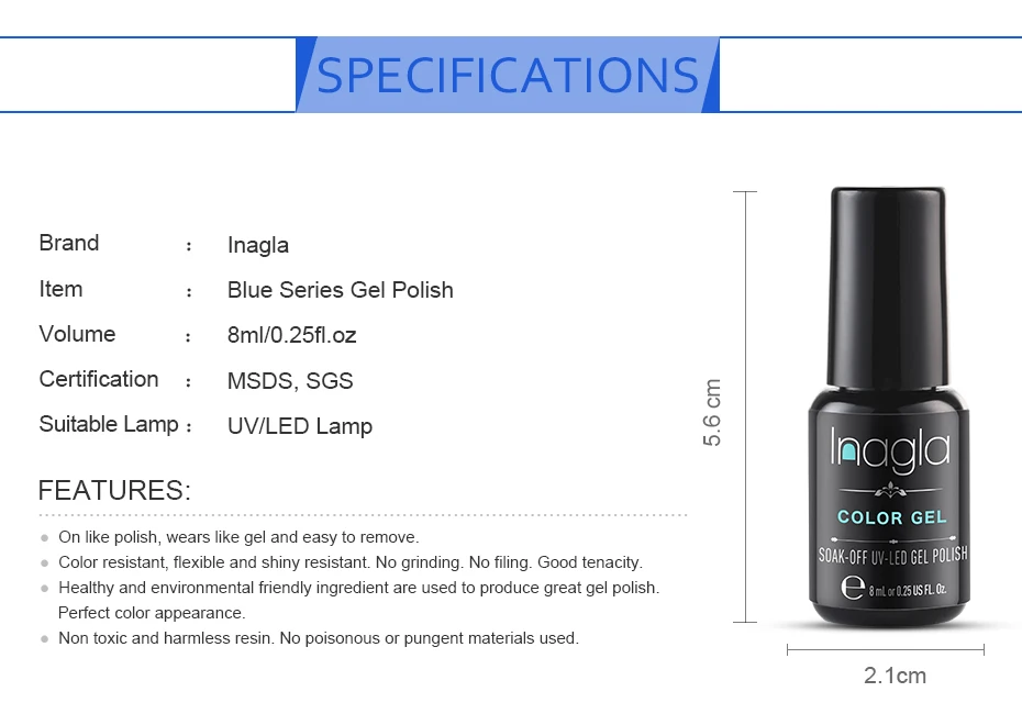 Inagla Синий Цвет гель для дизайна ногтей 8 мл УФ светодиодный светильник Чистый гель лак для ногтей длинный прочный верх основа впитываемый лак для ногтей