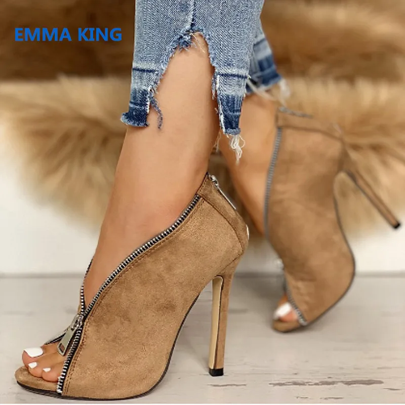 

Solid Suede Front Zipper Designer Women Ankle Boots Peep Toe High Heels Chelsea Boots Spring Autumn Stilettos Sexy Short Booties