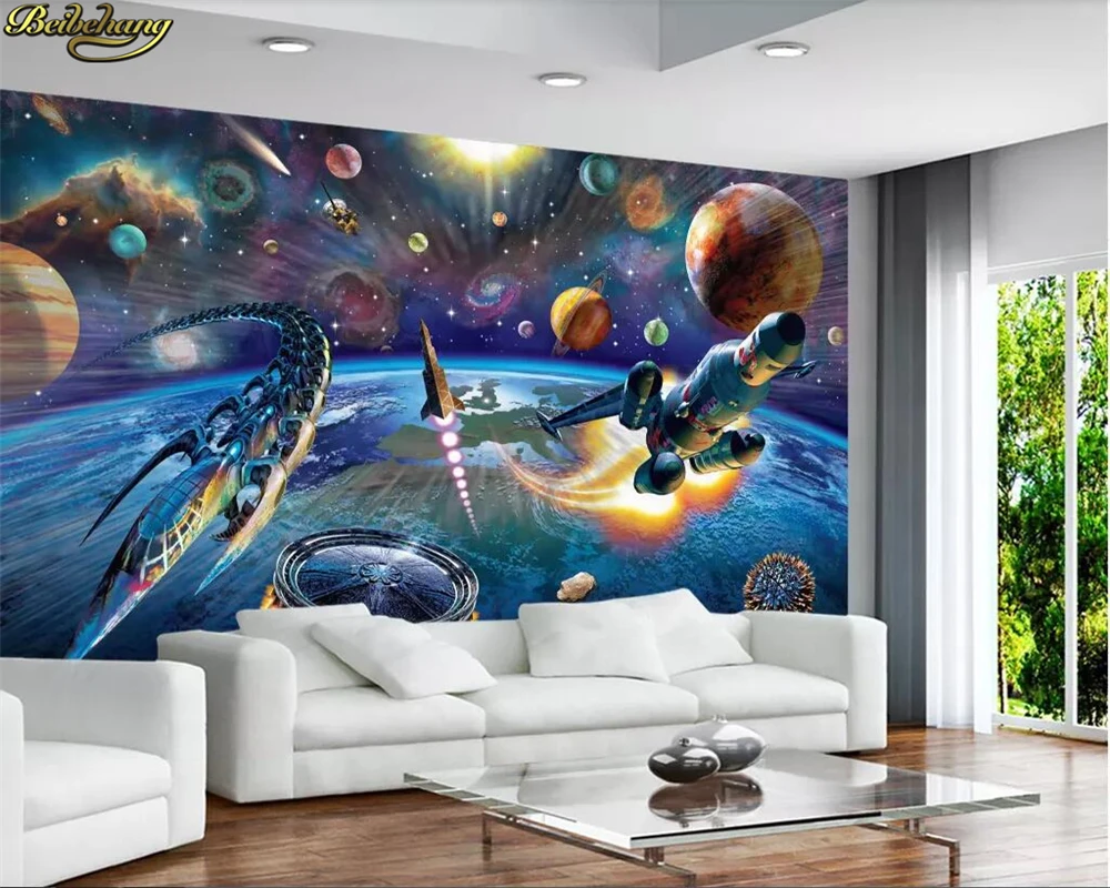 beibehang Custom wallpaper mural modern hand-painted cartoon space spaceship children's room mural background wall 3D wallpaper