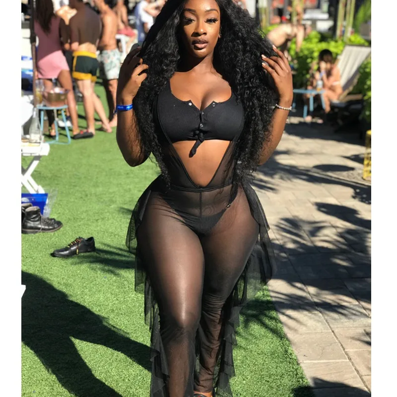 

ZJFZML Black Blue Mesh See Through Sexy Jumpsuit V Neck Sleeveless Side Ruffles Romper Summer Backless Party Overalls For Women