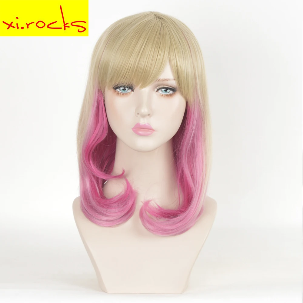 

3209 xi.rocks Synthetic Length Wig With Straight Bangs Blonde Rose Red Ombre Cosplay Hair Women Halloween Wigs Heat Resistant
