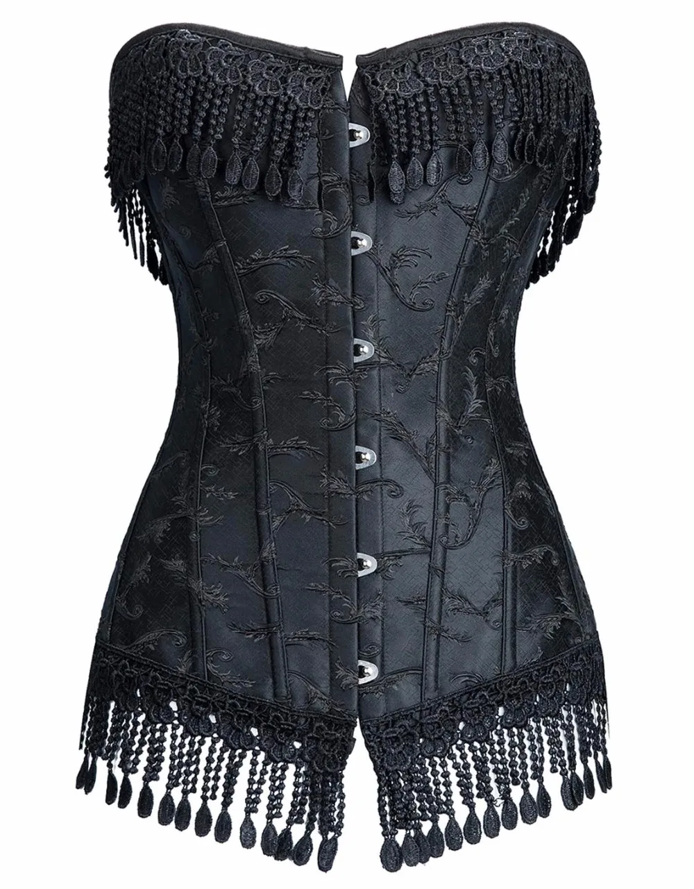 Women Sexy Lace up Ribbon Lingerie Bustiers Black Embroidered Satin Overbust Corset  (16)