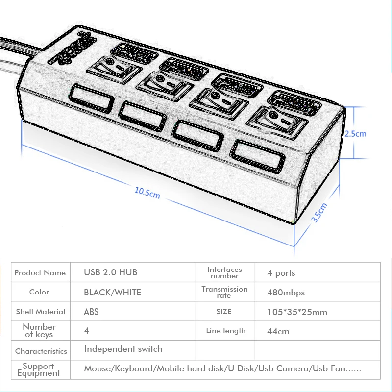 USB 2,0 концентратор Мульти USB порт скорость 480 Мбит/с хаб 4 порта концентратор с вкл/выкл. Переключатель USB разветвитель для ПК Компьютерные аксессуары usb концентратор