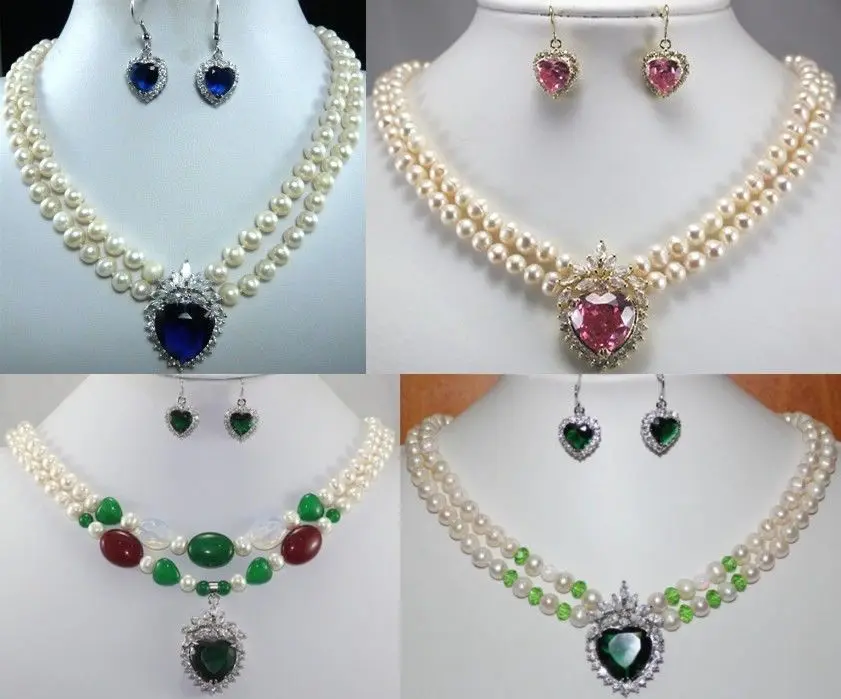 

Miss charm Jew.299 5 color-2 row white pearl/jade necklace & heart zirconia pendant necklace set can choose (A0516) -Top quality