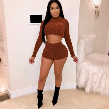 

new winter knit jumpsuit two-piece black brown casual sports long-sleeved pullover shorts suit women's clothing