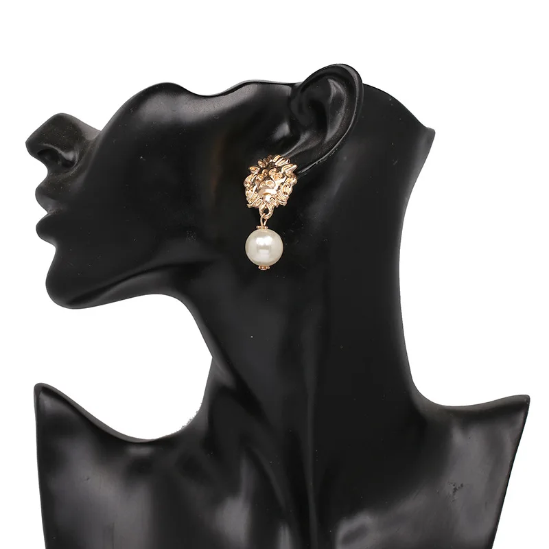 Дизайн, крупная золотая металлическая Львиная головка, серьги, модные свисающие серьги с искусственным жемчугом для женщин, ювелирные аксессуары