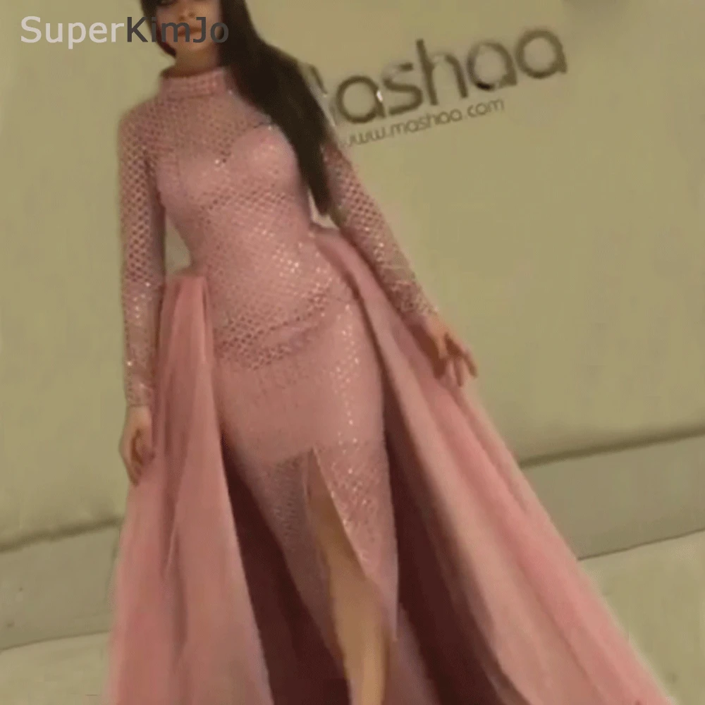 

SuperKimJo 2018 Prom Gown Vestido De Longo detachable train tulle sequins ball gown pink prom dress evening gowns arabic