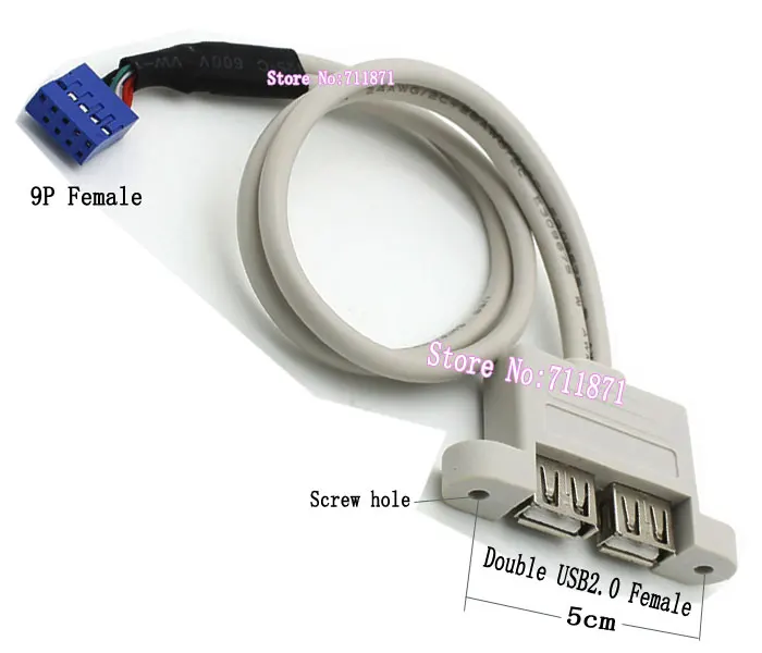 Винт с отверстием фиксированным на 50 см 9 P женский двойной 2 порта USB2.0