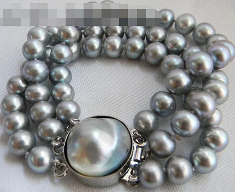 

>>>>> 3Strands Gray Round Freshwater Pearl Mabe Clasp Bracelet