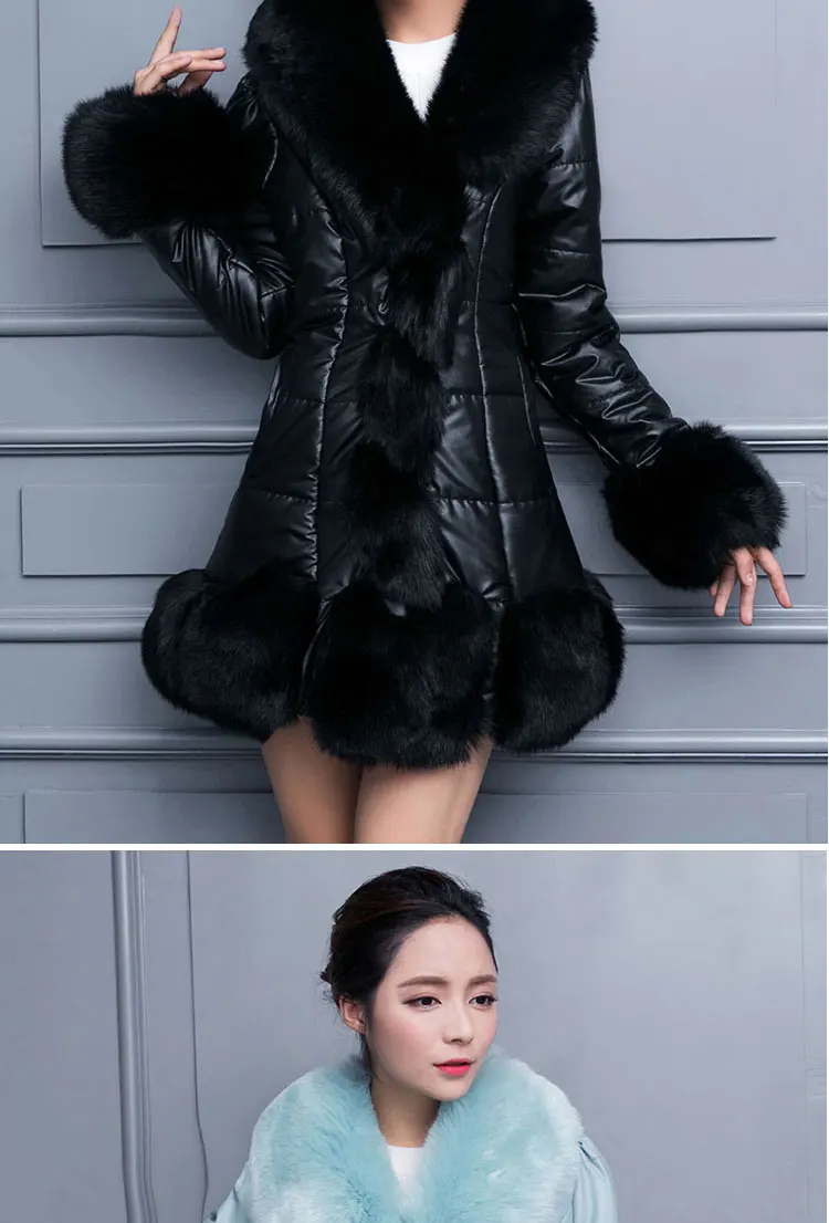 Женское зимнее пальто из искусственного меха с длинным рукавом, тонкое пальто, теплое мягкое пальто с воротником из лисьего меха, верхняя одежда черного и белого цвета, Femininos
