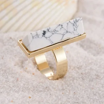 2017 New Marble Natural Fashion white Turquoise Wedding Ring Retro Punk Natural Stone Gold Plated for Women Fine Jewelry